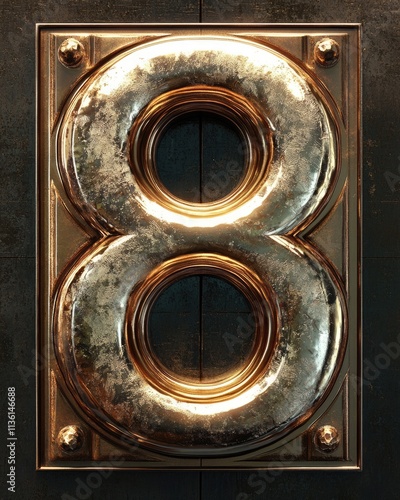 Shiny Metallic Number 8 Icon with Golden Finish and Stylish Font on Reflective Surface photo