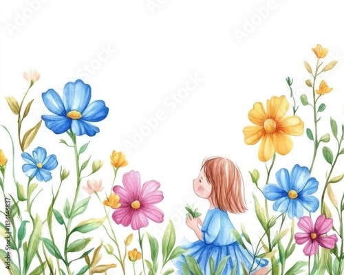 Hand-Painted Wildflower Frame. Vibrant Blue and Pink Floral Corner on Whimsical Background for Spring Celebrations