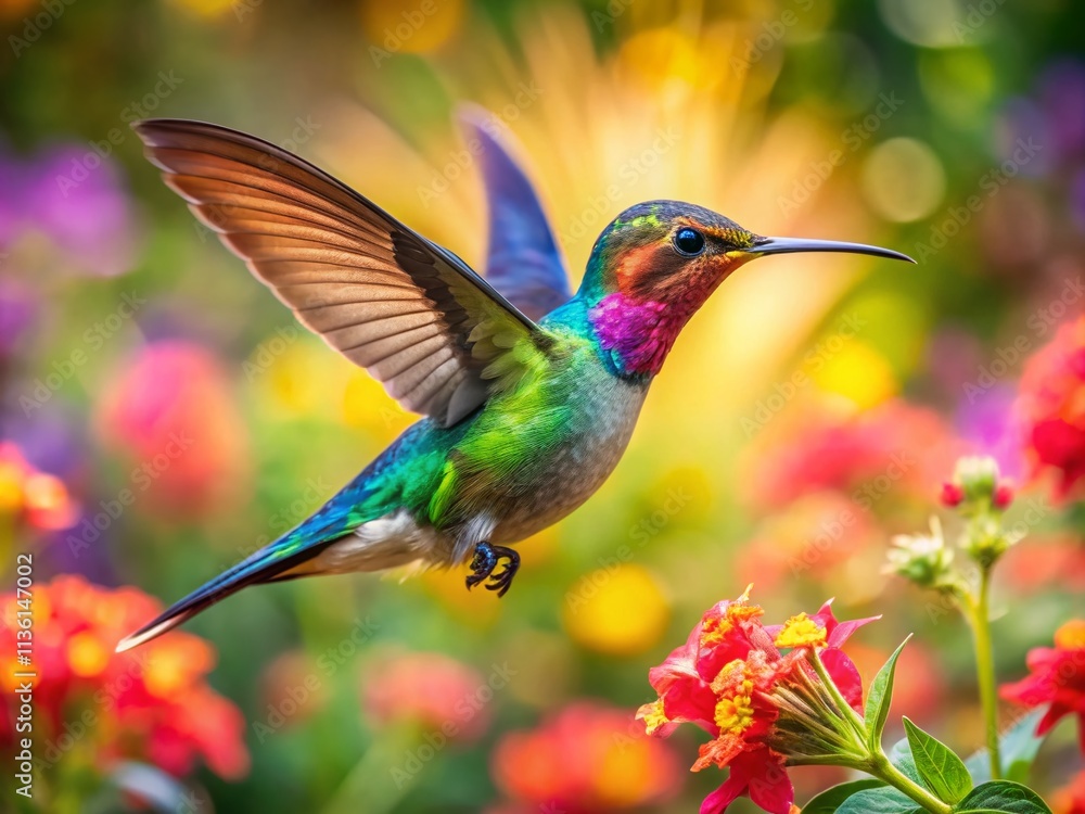 Fototapeta premium Graceful Hummingbird in Flight with Vibrant Flowers and Lush Greenery Captured in High Depth of Field for Nature Lovers and Wildlife Enthusiasts