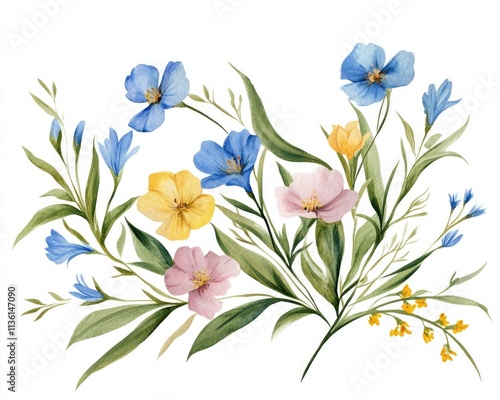 Vibrant Watercolor Border Featuring Blue Wild Flowers and Lush Greenery on a Whimsical White Canvas