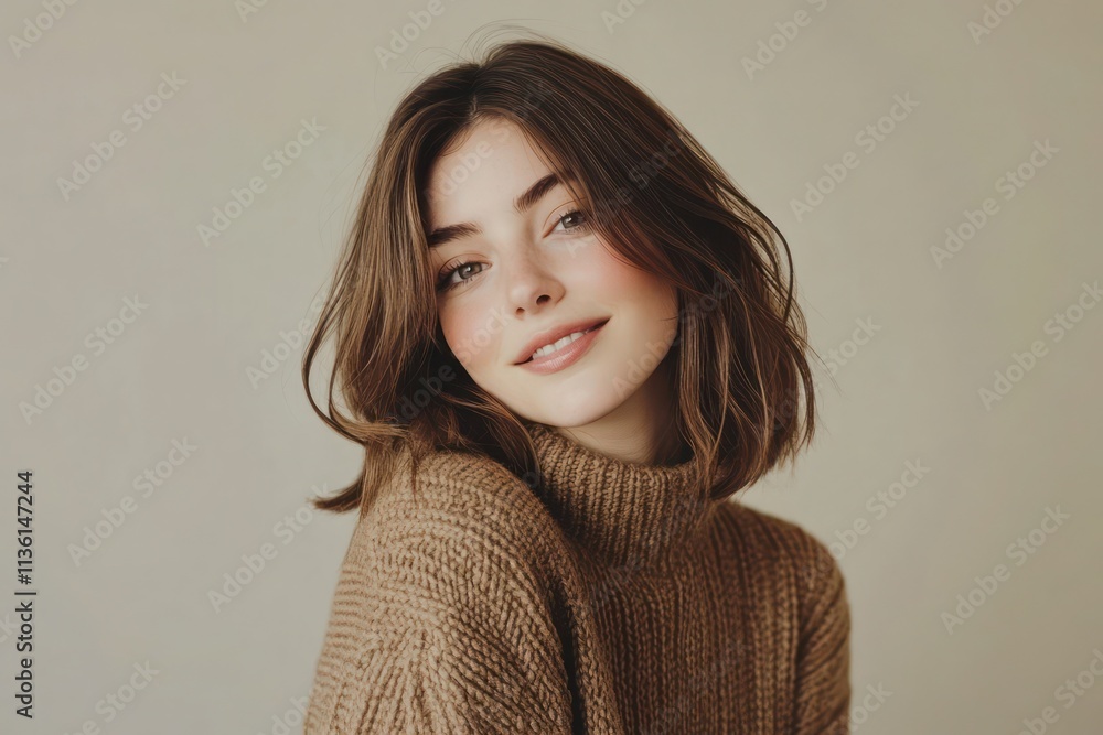 Young pretty smiling girl portrait wearing warm sweater Mocha Mousse colored image Young pretty smiling girl portrait wearing warm sweater Mocha Mousse colored image