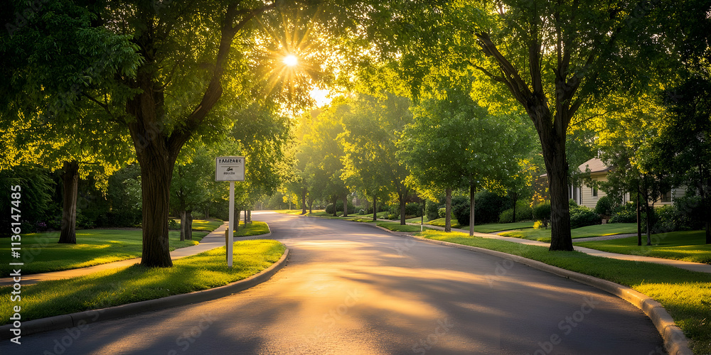 Sunlit residential street lined with lush green trees. Sunlit residential street lined with lush green trees.