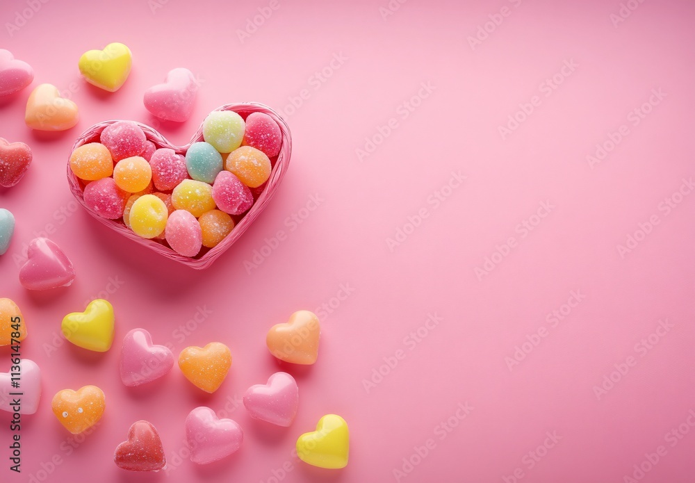Heart Shaped Basket of Colorful Gummies and Candy Hearts on Pink Background Heart Shaped Basket of Colorful Gummies and Candy Hearts on Pink Background