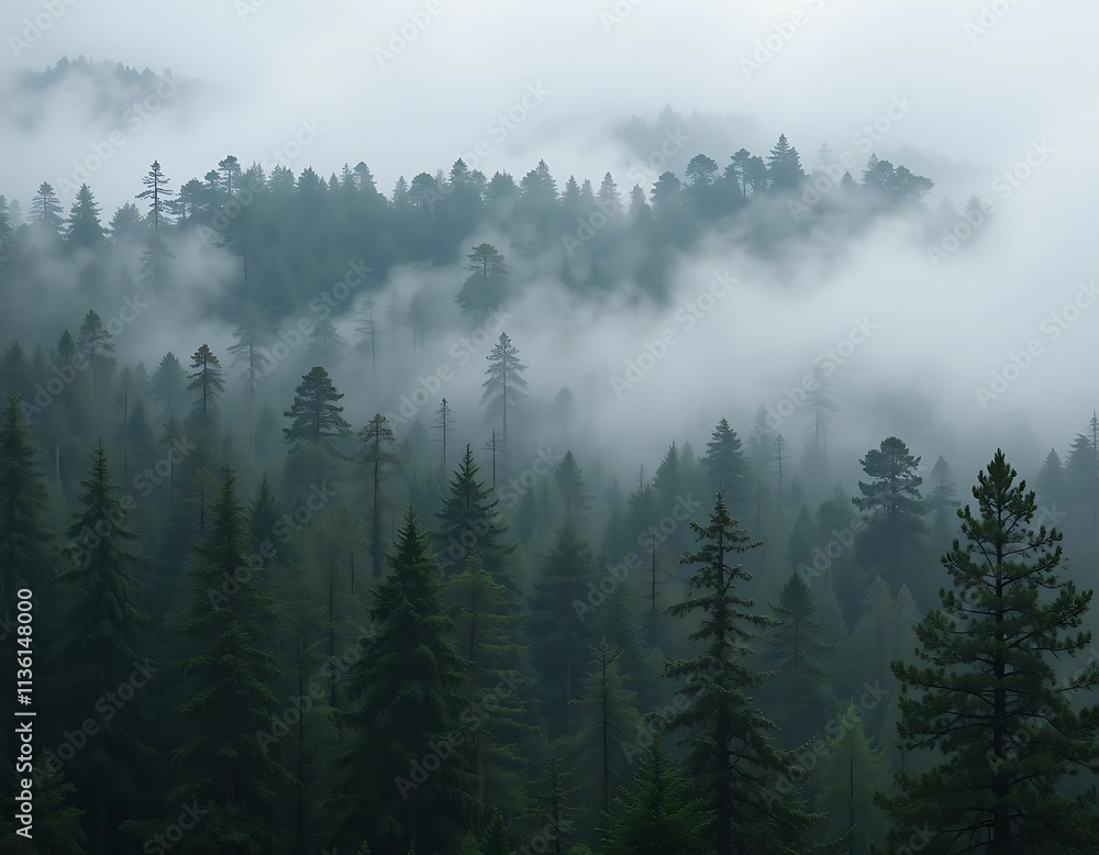 A dense forest with misty layers and tall trees A dense forest with misty layers and tall trees