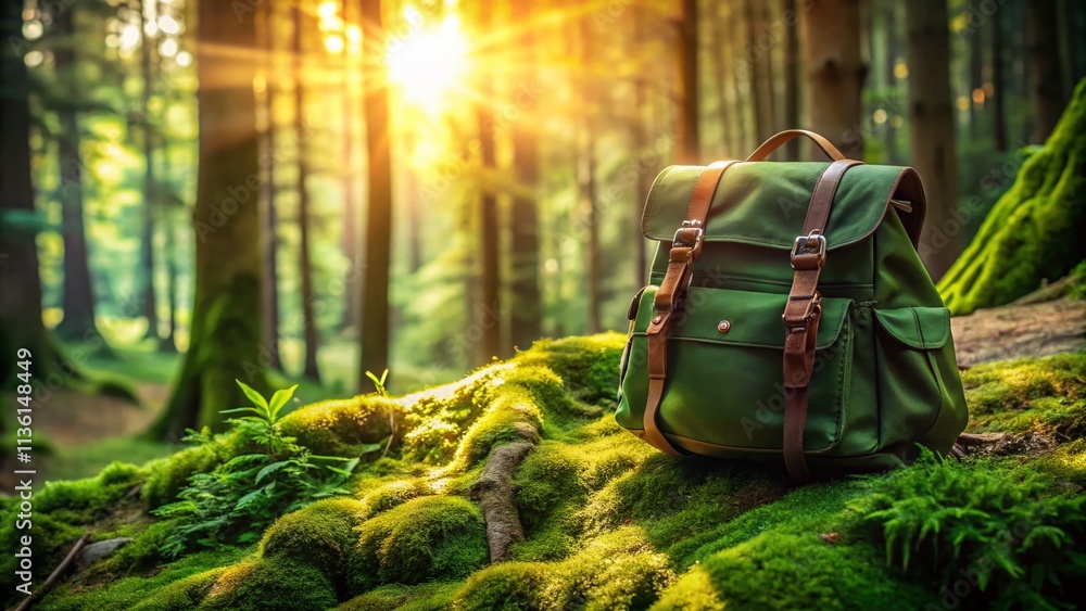 Obraz premium Green Backpack Forest Photography: Leather Straps, Nature, Hiking, Adventure