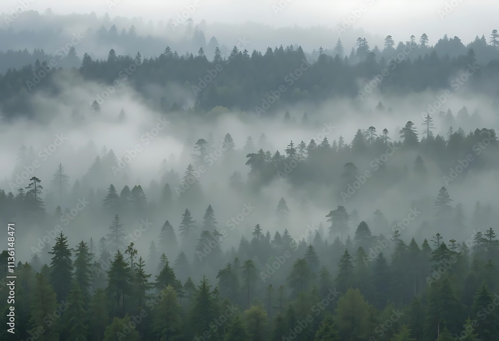 Naklejka premium A dense forest with misty layers and tall trees