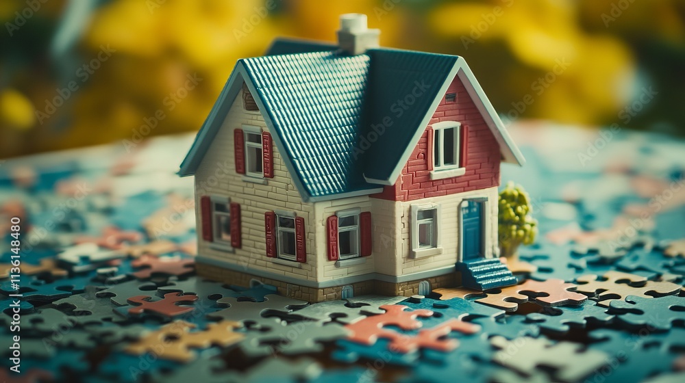 Concept of owning a home or completing a home purchase. Toy house and missing puzzle pieces Concept of owning a home or completing a home purchase. Toy house and missing puzzle pieces