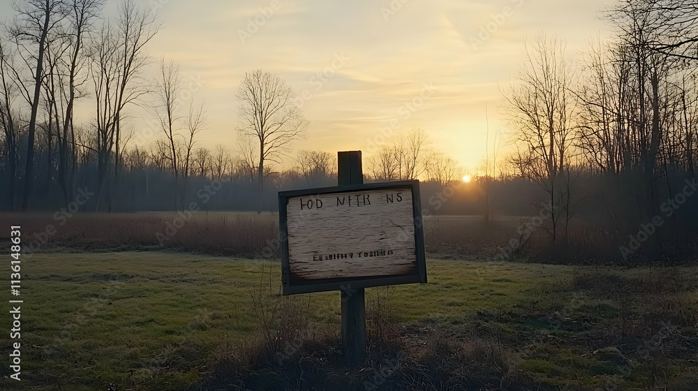 Sunrise over field with rustic wooden sign. Sunrise over field with rustic wooden sign.