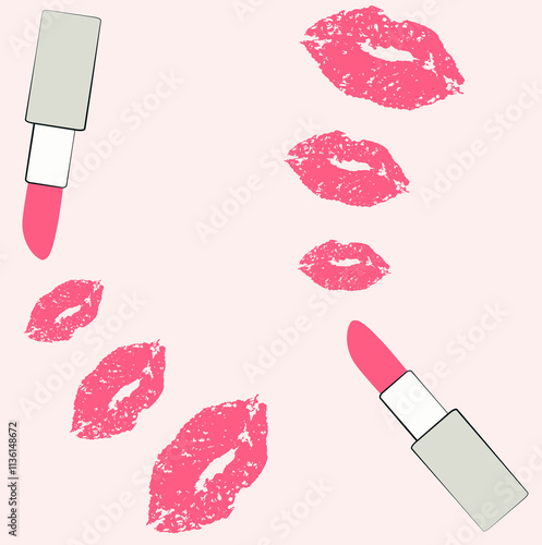 Vector seamless pattern - simple stylized lipstick, from which lip prints diverge from small to large on a pale pink background.