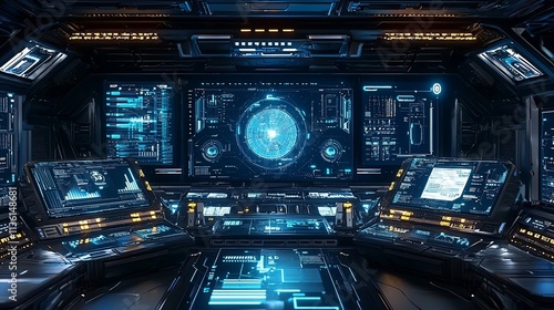 Fototapeta Naklejka Na Ścianę i Meble -  Futuristic spaceship bridge interior with holographic displays and control panels.