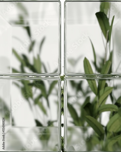 Minimalist 3D rendering of exotic foliage with glass cubes for a nature-themed poster or wallpaper. Soft focus, detailed botanical design showing intricate texture and simple elegance. photo