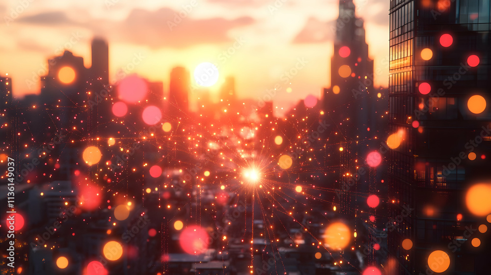 Sunset cityscape with glowing particles. Sunset cityscape with glowing particles.