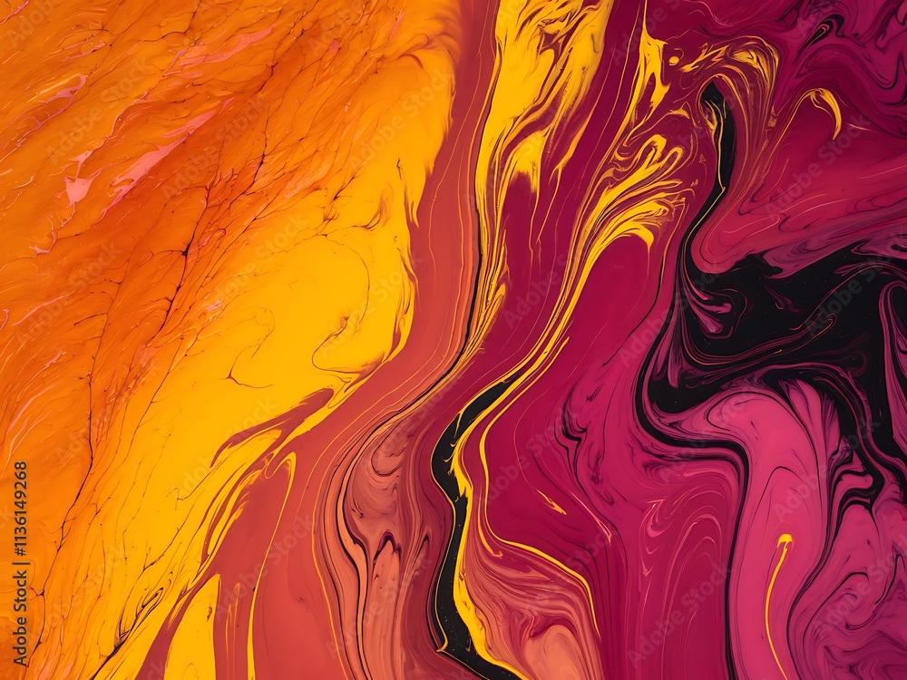 red and yellow paint, red and yellow liquid, Vibrant abstract painting featuring swirling patterns of fiery orange, bright yellow, and deep magenta with fluid red and yellow paint, red and yellow liquid, Vibrant abstract painting featuring swirling patterns of fiery orange, bright yellow, and deep magenta with fluid