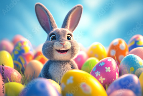 Wallpaper Mural A cheerful white Easter bunny with a happy expression, surrounded by vibrant, colorful eggs. The scene features a bright sky blue background, evoking a festive and joyful springtime atmosphere. Torontodigital.ca