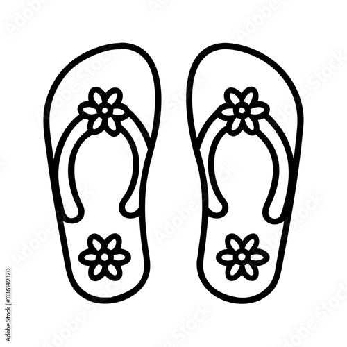 flip flops with floral print icon, flip flop day, line art, flip flop icon - simple black line art icon of flip flops with floral print, symbolizing flip flop day celebrations. flip flop vector art.