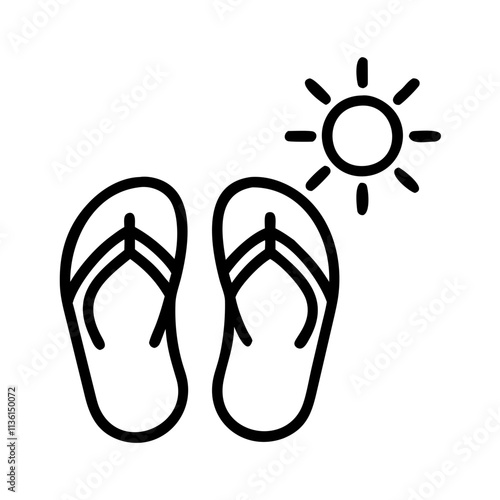 sun and flip flops icon, flip flop day, line art, flip flop icon - simple black line art icon of sun and flip flops, symbolizing flip flop day celebrations. flip flop vector art.