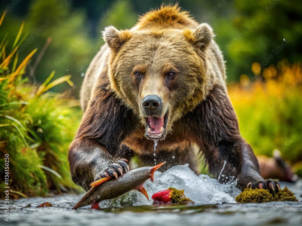Fototapeta premium Grizzly Bear Attack Drone Footage: Wild Animal Encounter, Nature's Fury, Wildlife Photography, Dangerous Animals