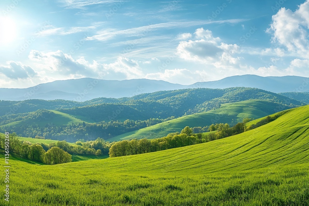 Fototapeta premium panorama of beautiful countryside of romania. sunny afternoon. wonderful springtime landscape in mountains. grassy field and rolling hills. rural scenery