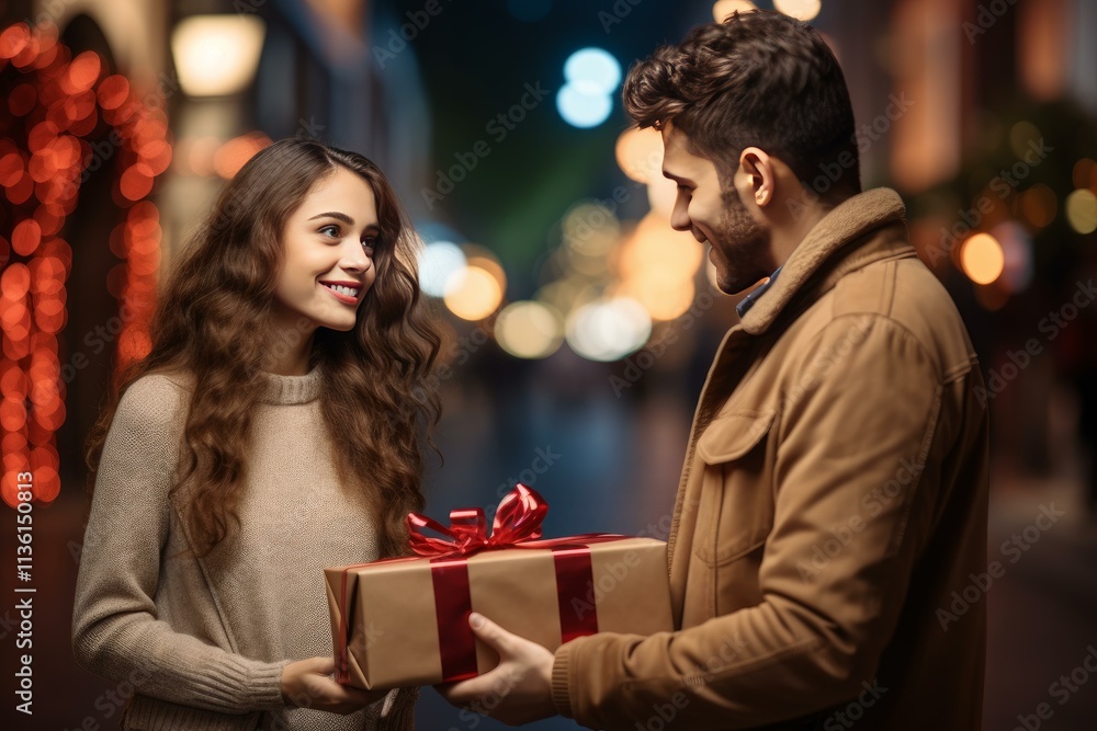 Romantic couple exchanging christmas gifts on a date in a city at night Romantic couple exchanging christmas gifts on a date in a city at night