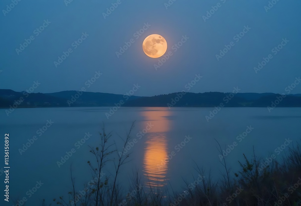 Fototapeta premium A glowing moon reflecting on a calm lake