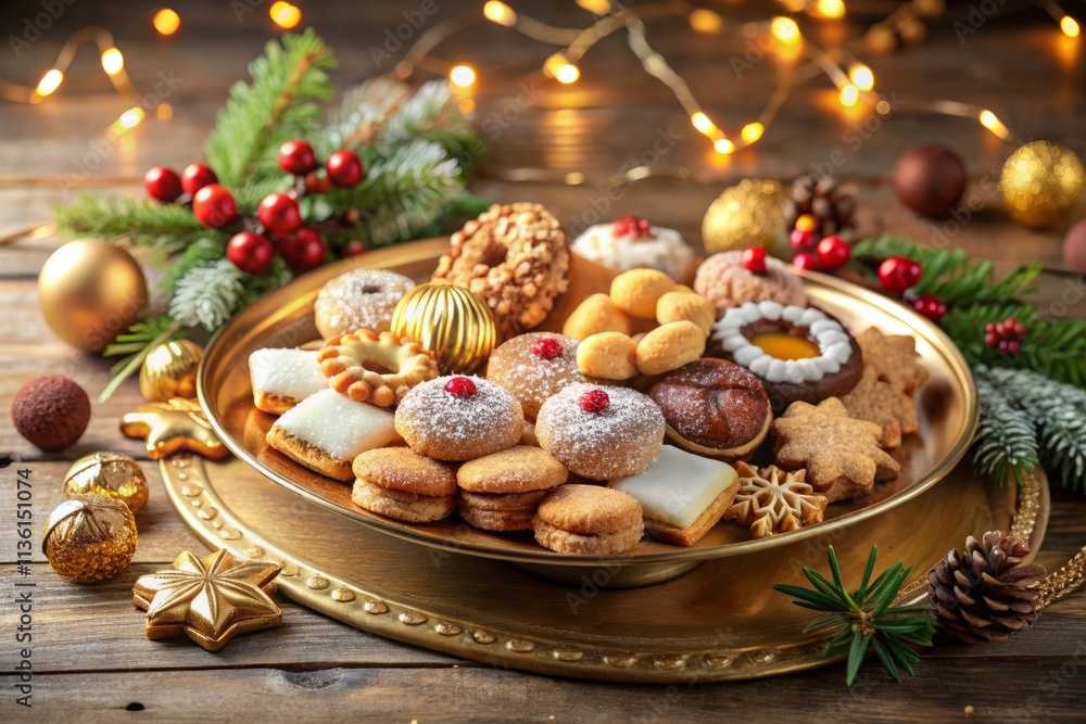 Delightful Italian Christmas Cookies on a Golden Tray: A Minimalist Still Life of Festive Treats Ready to be Enjoyed During the Holiday Season Delightful Italian Christmas Cookies on a Golden Tray: A Minimalist Still Life of Festive Treats Ready to be Enjoyed During the Holiday Season