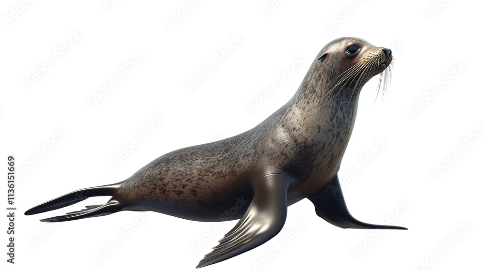 Fototapeta premium Australian sea lion, side view, full-body shot, profile on a white background.
