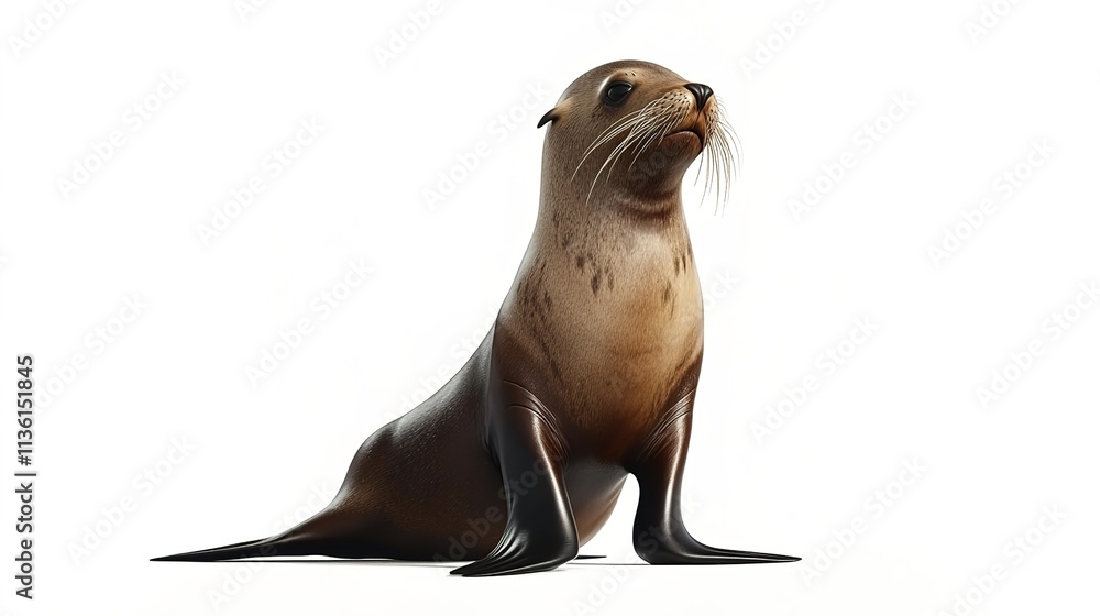 Fototapeta premium Australian sea lion, side view, full-body shot, profile on a white background.