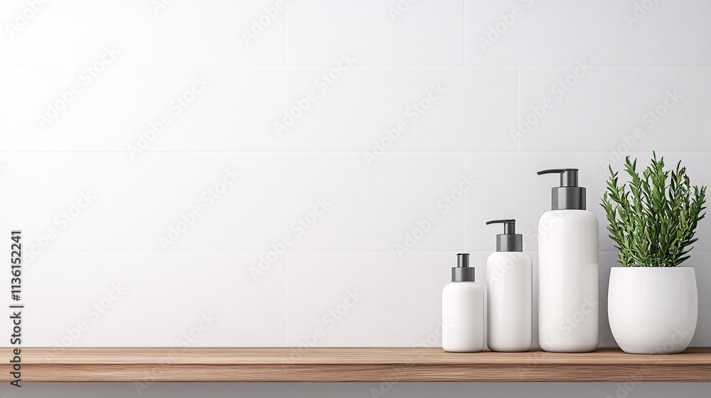 Minimalist shelf display featuring elegant white containers and a small potted plant against a light background. Minimalist shelf display featuring elegant white containers and a small potted plant against a light background.