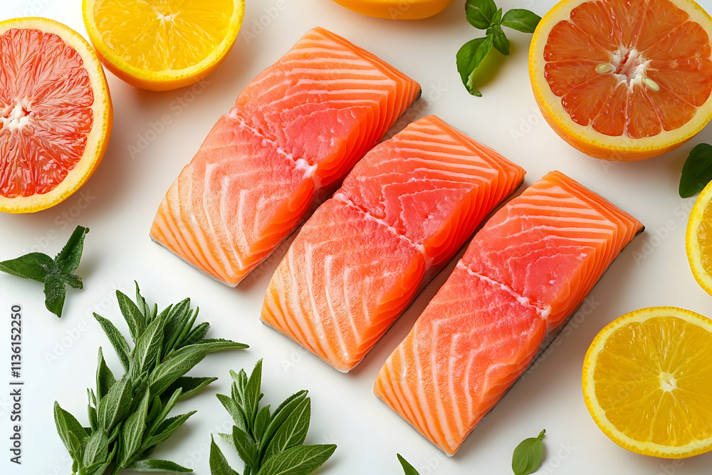 Three fresh salmon fillets arranged with citrus fruits and herbs on white background. Three fresh salmon fillets arranged with citrus fruits and herbs on white background.