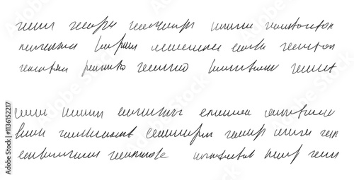 Handwritten ink stroke. Scribble fictional dairy letter. Abstract freehand text note isolated on white background. Illegible cursive script message. Vector hand drawn illustration.