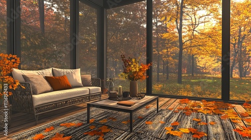 Cozy screened porch with contemporary furniture and flower bouquet in a vase, autumn leaves and woods in the background