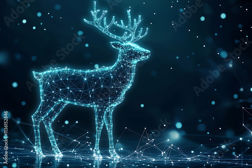 Santa's reindeer in a striking plexus style, combining traditional holiday magic with futuristic wireframe design, glowing particles, and cyber-inspired aesthetics