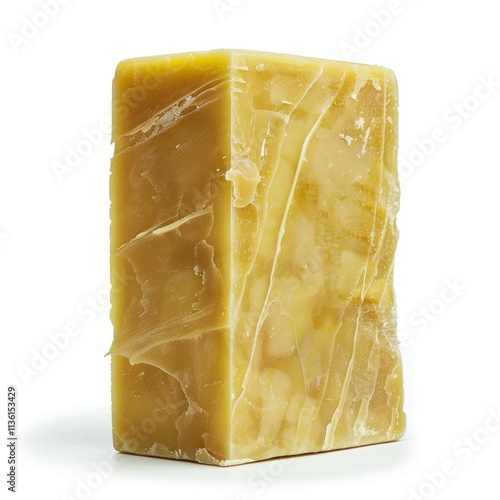 Large solid block of natural beeswax standing on end on white background, showing texture and rich yellow color photo