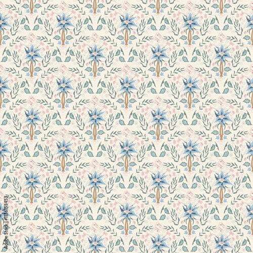 Indian chintz seamless pattern. Modern flower scallop endless background. Vector floral retro repeat cover. Farmhouse continuous ornament. Vector