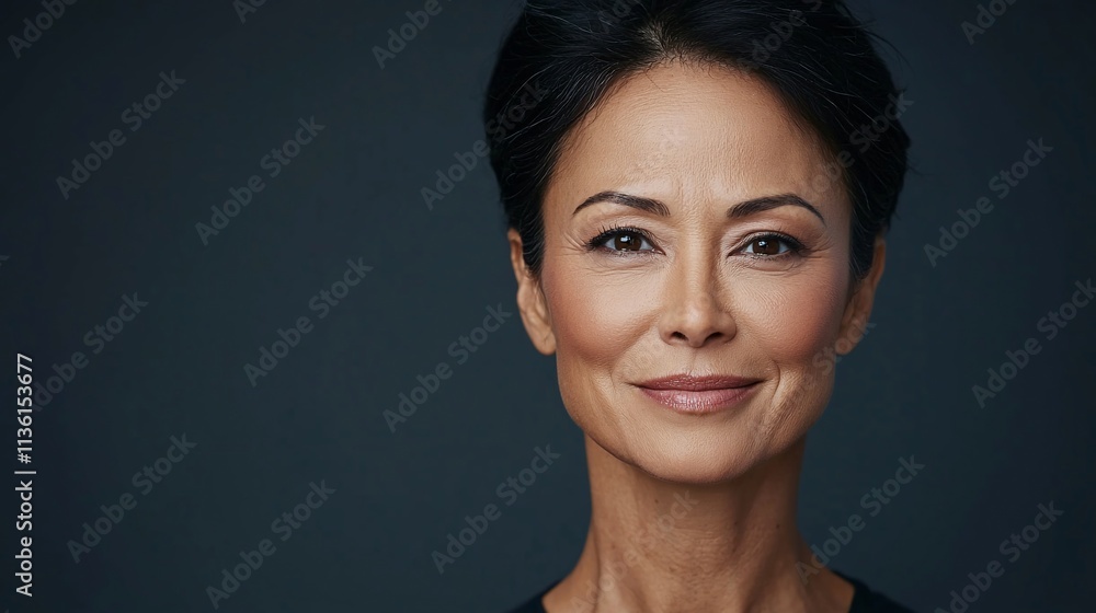 Smiling portrait of mature woman with short dark hair on dark backdrop. Smiling portrait of mature woman with short dark hair on dark backdrop.