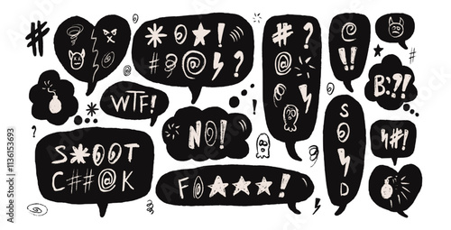 Speech bubbles with swear words. Curse crayon doodle text. Negative expression on chat dialog c;ouds. Aggressive swearwords isolated on white background. Vector hand drawn illustration