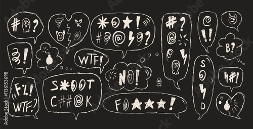 Speech bubbles with swear words. Curse crayon doodle text. Bad bulling expression on chat dialog boxes. Aggressive swearwords isolated on black background. Haters signs. Vector hand drawn illustration