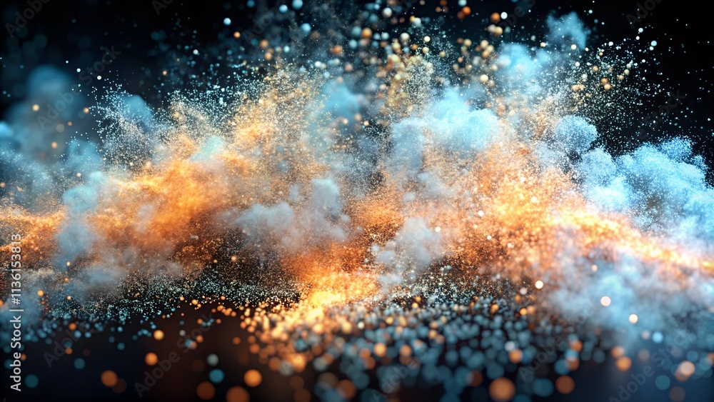 Obraz premium Abstract digital art of bright blue and orange particles suspended in motion, resembling a cosmic explosion