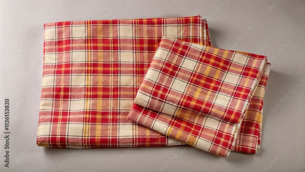 Folded plaid fabric pieces in red and white patterns on a neutral background Folded plaid fabric pieces in red and white patterns on a neutral background