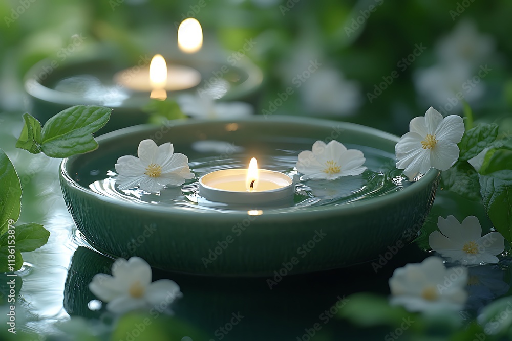 Serene spa setting, floating candles in turquoise ceramic bowls, pink gerbera daisies, Serene spa setting, floating candles in turquoise ceramic bowls, pink gerbera daisies,