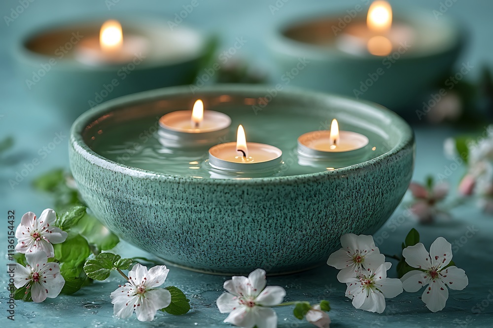 Serene spa setting, floating candles in turquoise ceramic bowls, pink gerbera daisies, Serene spa setting, floating candles in turquoise ceramic bowls, pink gerbera daisies,