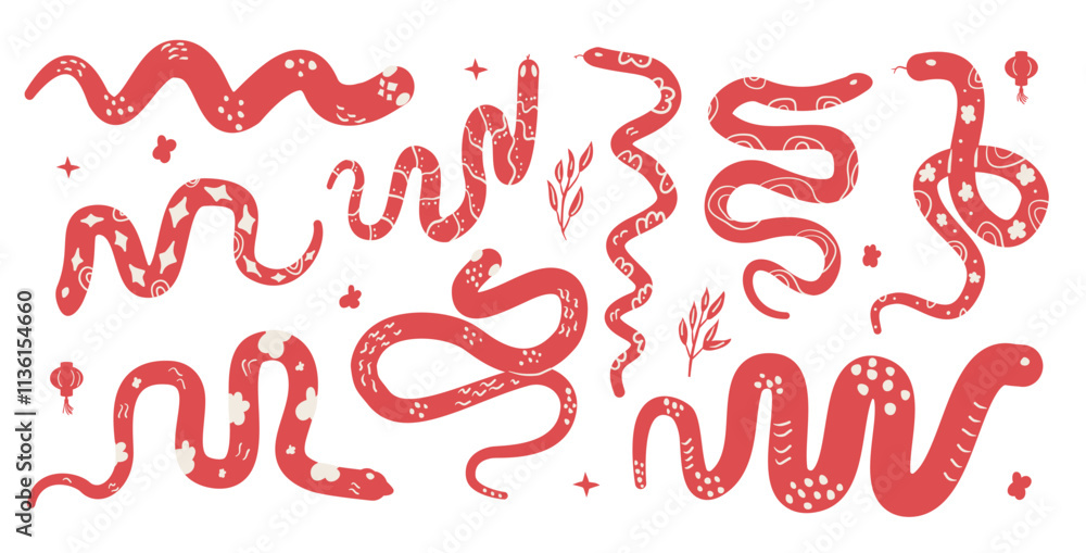 Green snake Chinese New Years symbol set. Cny zodiac snake lunar 2025 collection isolated on white background. Vector hand drawn flat illustration Green snake Chinese New Years symbol set. Cny zodiac snake lunar 2025 collection isolated on white background. Vector hand drawn flat illustration