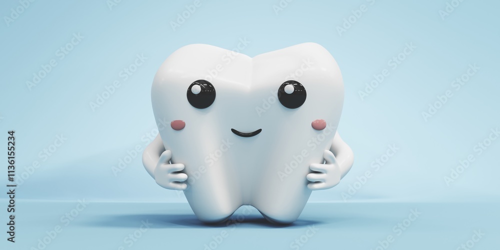 3D illustration of a molar tooth as a character, highlighting its enamel and root structure. Implant image for dental, medical and educational content on oral hygiene and treatment.