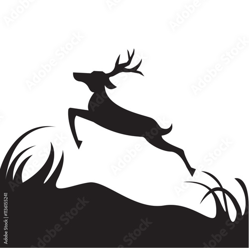 Silhouette of a deer, deer jumping high, raindeer silhouette vector, Antler, antelope, wild 
