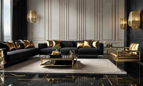 High-end luxury black and gold dark living room design