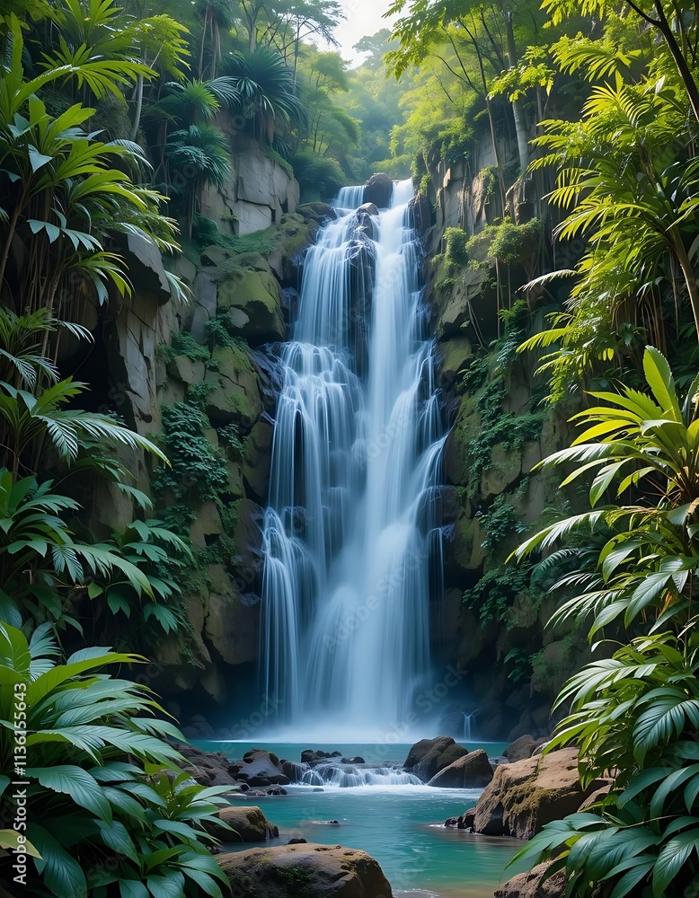A waterfall surrounded by rocks and jungle plants A waterfall surrounded by rocks and jungle plants