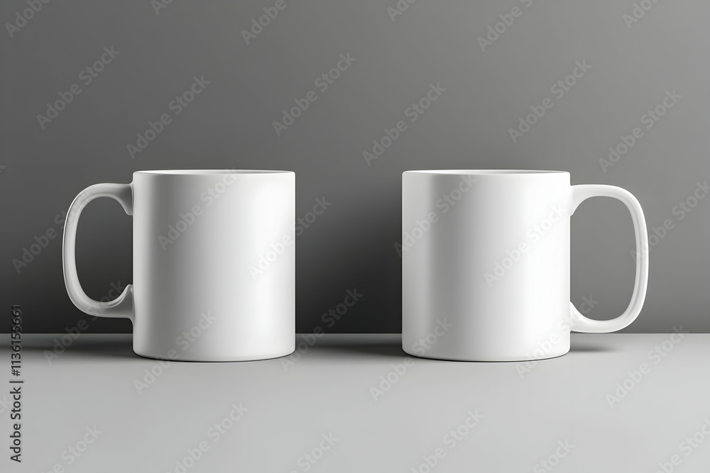 Two blank white mugs on grey background. Two blank white mugs on grey background.