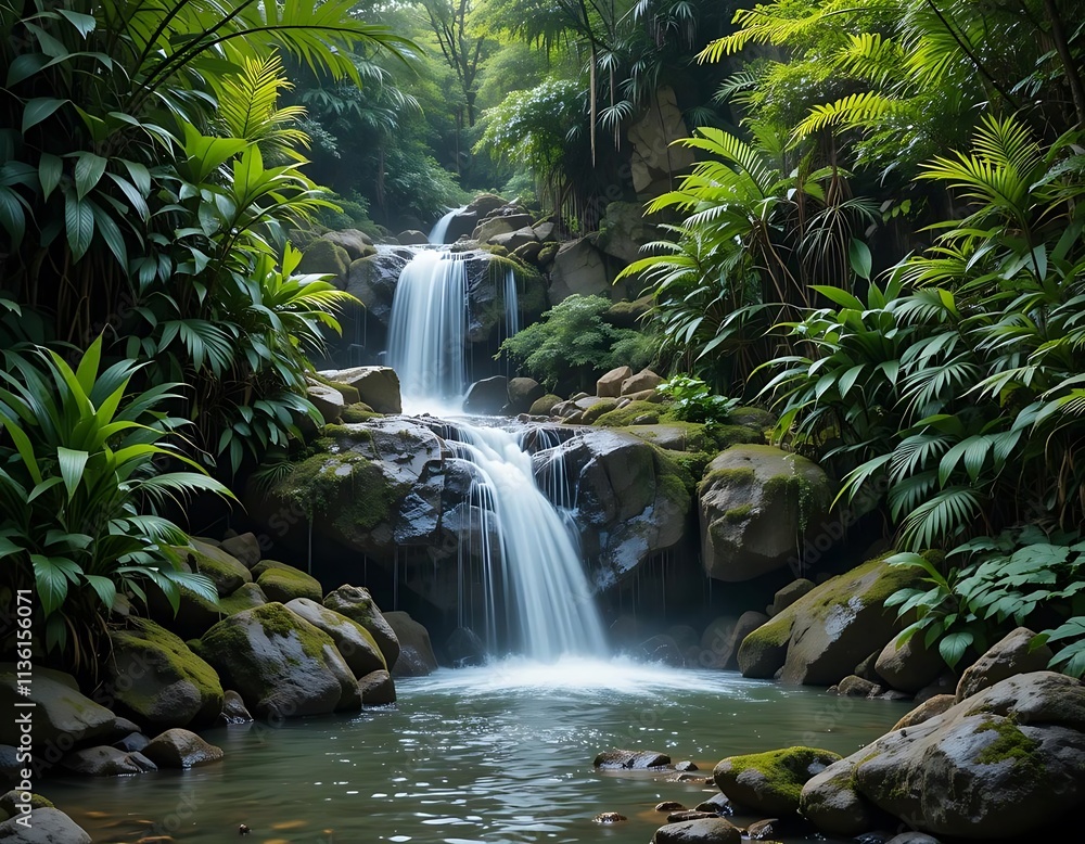 A waterfall surrounded by rocks and jungle plants A waterfall surrounded by rocks and jungle plants