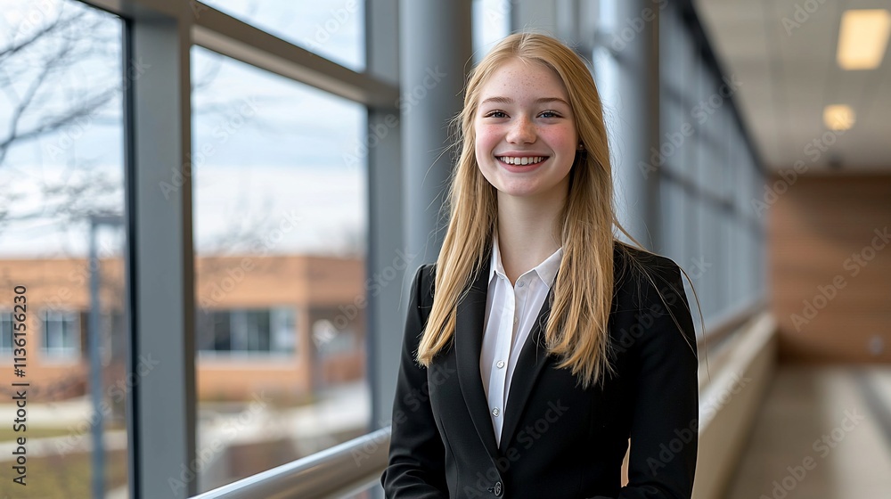 Smiling young woman in business suit near window. Smiling young woman in business suit near window.