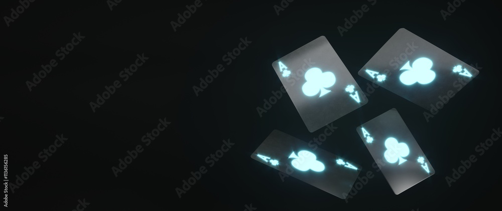 Fototapeta premium Casino cards game in neon light on dark black background - 3d render. Flying cards for online casinos and mobile gambling applications, poker - winner, wealth concept.